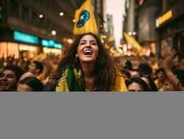 braziliaans vrouw viert zijn voetbal teams zege ai generatief foto