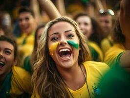 braziliaans vrouw viert zijn voetbal teams zege ai generatief foto