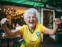 braziliaans vrouw viert zijn voetbal teams zege ai generatief foto