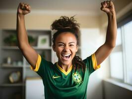 braziliaans vrouw viert zijn voetbal teams zege ai generatief foto