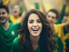 braziliaans vrouw viert zijn voetbal teams zege ai generatief foto