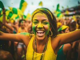 braziliaans vrouw viert zijn voetbal teams zege ai generatief foto