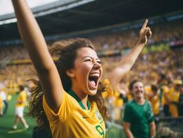 braziliaans vrouw viert zijn voetbal teams zege ai generatief foto