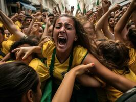 braziliaans vrouw viert zijn voetbal teams zege ai generatief foto