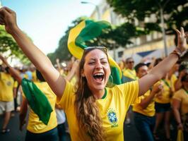 braziliaans vrouw viert zijn voetbal teams zege ai generatief foto