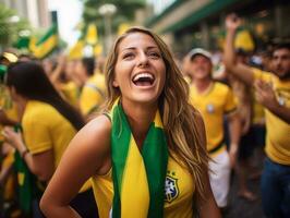 braziliaans vrouw viert zijn voetbal teams zege ai generatief foto