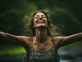 zorgeloos vrouw blij dansen in de verfrissend regen ai generatief foto