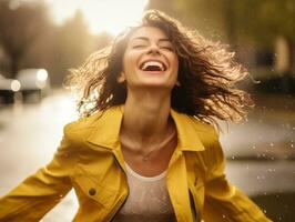 zorgeloos vrouw blij dansen in de verfrissend regen ai generatief foto