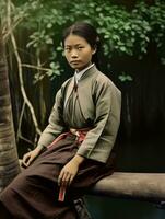een oud gekleurde fotograaf van een Aziatisch vrouw van de vroeg jaren 1900 ai generatief foto