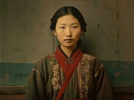 een oud gekleurde fotograaf van een Aziatisch vrouw van de vroeg jaren 1900 ai generatief foto