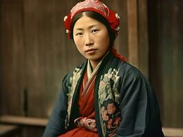 een oud gekleurde fotograaf van een Aziatisch vrouw van de vroeg jaren 1900 ai generatief foto