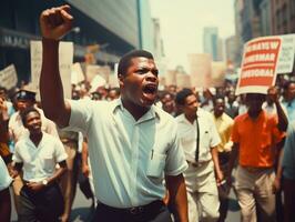 historisch gekleurde foto van een Mens leidend een protest ai generatief
