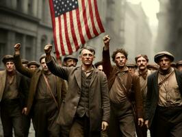 historisch gekleurde foto van een Mens leidend een protest ai generatief