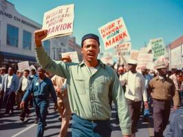 historisch gekleurde foto van een Mens leidend een protest ai generatief