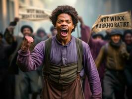 historisch gekleurde foto van een Mens leidend een protest ai generatief