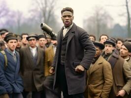 historisch gekleurde foto van een Mens leidend een protest ai generatief