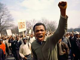 historisch gekleurde foto van een Mens leidend een protest ai generatief