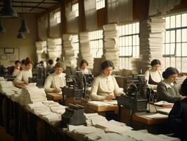 historisch gekleurde foto van een dames dagelijks werk in de Verleden ai generatief