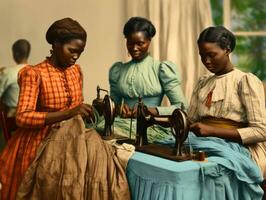 historisch gekleurde foto van een dames dagelijks werk in de Verleden ai generatief