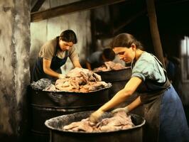 historisch gekleurde foto van een dames dagelijks werk in de Verleden ai generatief