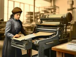 historisch gekleurde foto van een dames dagelijks werk in de Verleden ai generatief