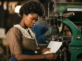 historisch gekleurde foto van een dames dagelijks werk in de Verleden ai generatief