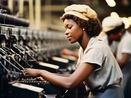 historisch gekleurde foto van een dames dagelijks werk in de Verleden ai generatief