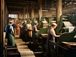 historisch gekleurde foto van een dames dagelijks werk in de Verleden ai generatief