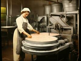 historisch gekleurde foto van een dames dagelijks werk in de Verleden ai generatief