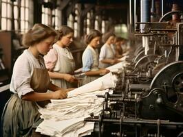 historisch gekleurde foto van een dames dagelijks werk in de Verleden ai generatief