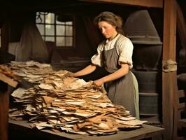 historisch gekleurde foto van een dames dagelijks werk in de Verleden ai generatief