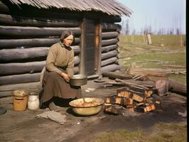 historisch gekleurde foto van een dames dagelijks werk in de Verleden ai generatief