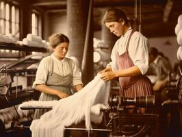 historisch gekleurde foto van een dames dagelijks werk in de Verleden ai generatief
