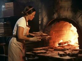 historisch gekleurde foto van een dames dagelijks werk in de Verleden ai generatief