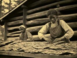 historisch gekleurde foto van een dames dagelijks werk in de Verleden ai generatief