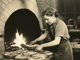 historisch gekleurde foto van een dames dagelijks werk in de Verleden ai generatief