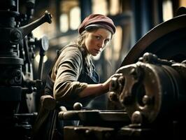 historisch gekleurde foto van een dames dagelijks werk in de Verleden ai generatief