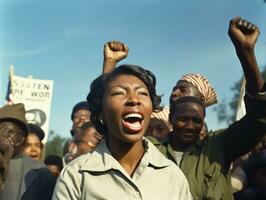 historisch gekleurde foto van een vrouw leidend een protest ai generatief