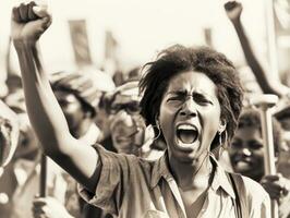 historisch gekleurde foto van een vrouw leidend een protest ai generatief