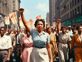 historisch gekleurde foto van een vrouw leidend een protest ai generatief