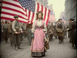 historisch gekleurde foto van een vrouw leidend een protest ai generatief