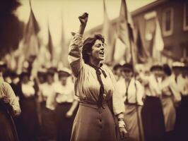 historisch gekleurde foto van een vrouw leidend een protest ai generatief