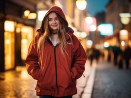 plus grootte vrouw wandelen vol vertrouwen door de levendig neon lit straten ai generatief foto