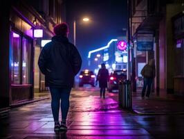 plus grootte vrouw wandelen vol vertrouwen door de levendig neon lit straten ai generatief foto