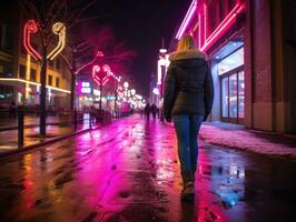 plus grootte vrouw wandelen vol vertrouwen door de levendig neon lit straten ai generatief foto