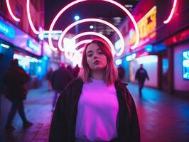 plus grootte vrouw wandelen vol vertrouwen door de levendig neon lit straten ai generatief foto