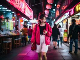 plus grootte vrouw wandelen vol vertrouwen door de levendig neon lit straten ai generatief foto