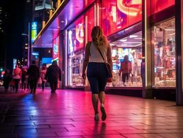 plus grootte vrouw wandelen vol vertrouwen door de levendig neon lit straten ai generatief foto