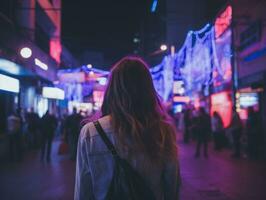 plus grootte vrouw wandelen vol vertrouwen door de levendig neon lit straten ai generatief foto