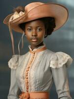oud gekleurde fotograaf van een zwart vrouw van de vroeg jaren 1900 ai generatief foto